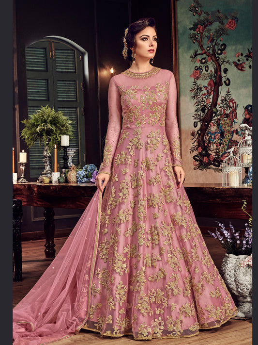 Elegant Wine Purple Floral Embroidered Party Gown – 10510