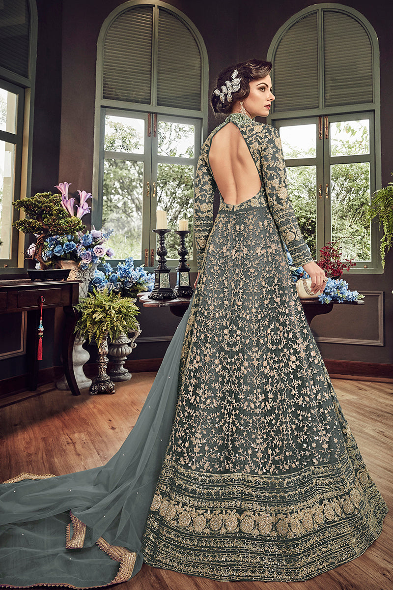 Slate Grey Heavy Embroidered Premium Net Gown - 10501 E