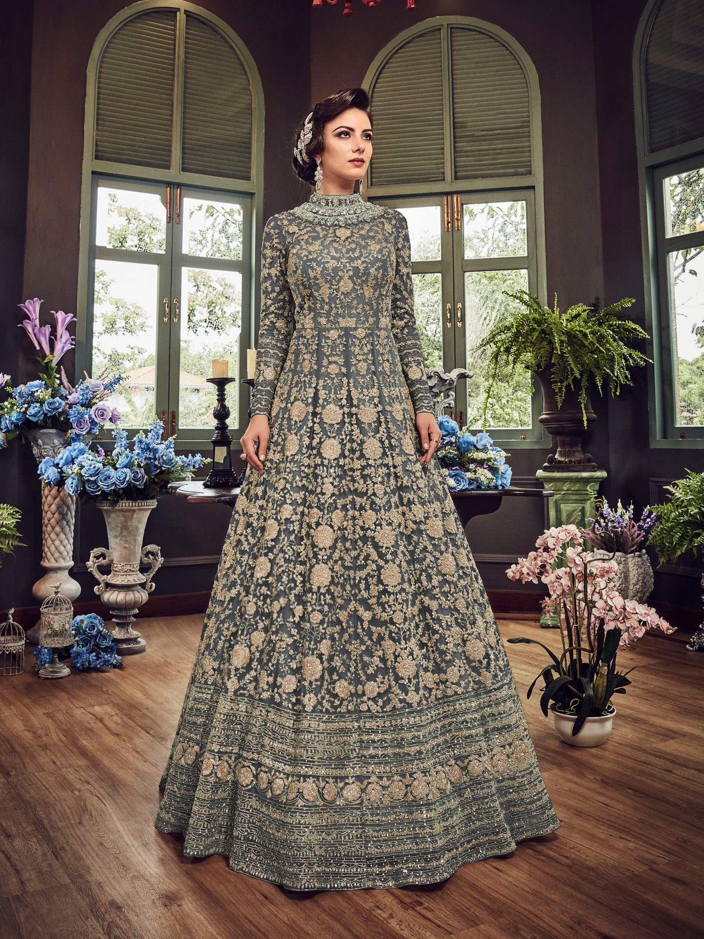 Slate Grey Heavy Embroidered Premium Net Gown - 10501 E