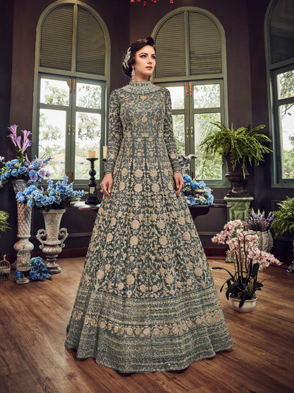 Slate Grey Heavy Embroidered Premium Net Gown - 10501 E