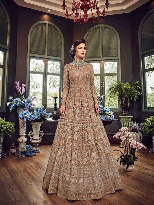 Champagne Gold Heavy Embroidered Premium Net Gown - 10501 C