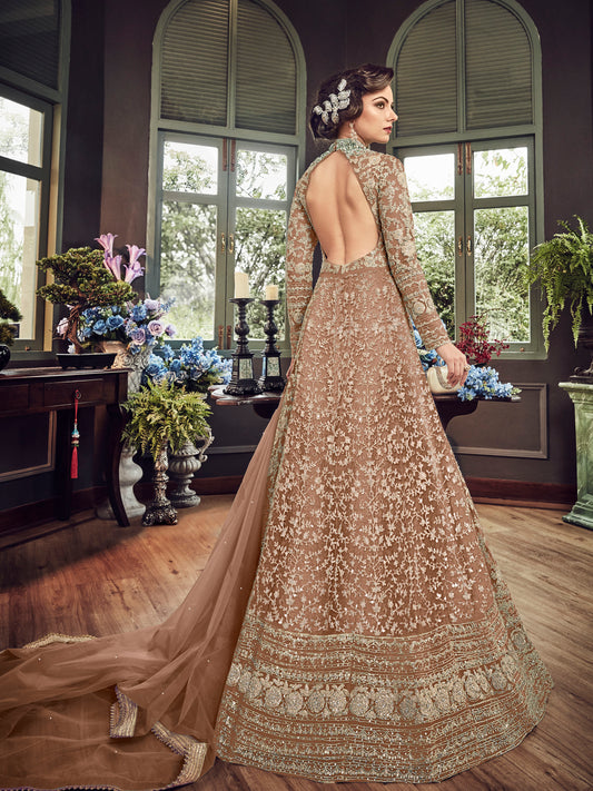 Champagne Gold Heavy Embroidered Premium Net Gown - 10501 C