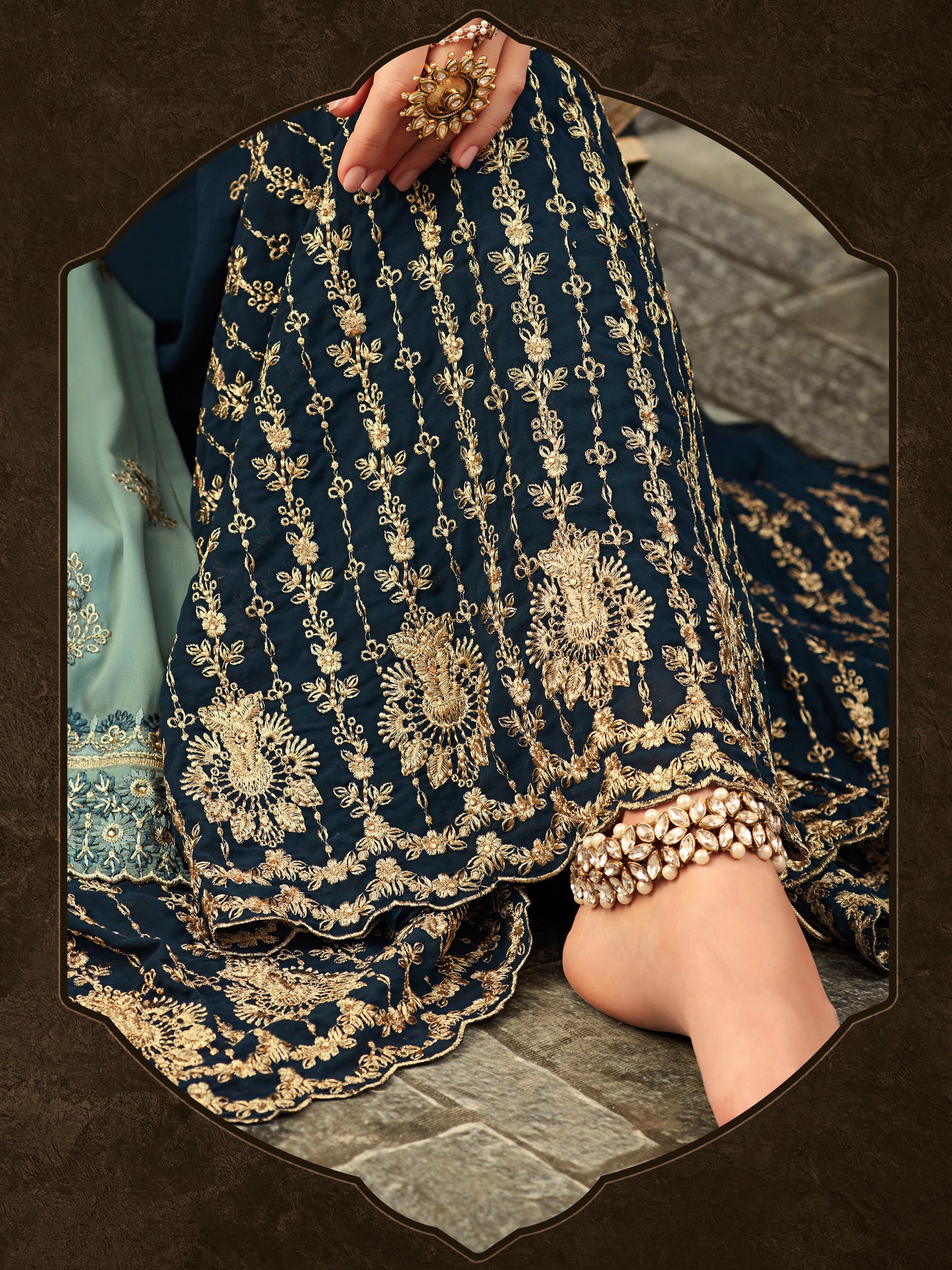 Exquisite Blue Embroidered Stone Work Peplum Sharara Suit | Luxury Festive Wear | Kavlee