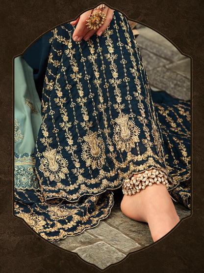 Exquisite Blue Embroidered Stone Work Peplum Sharara Suit | Luxury Festive Wear | Kavlee