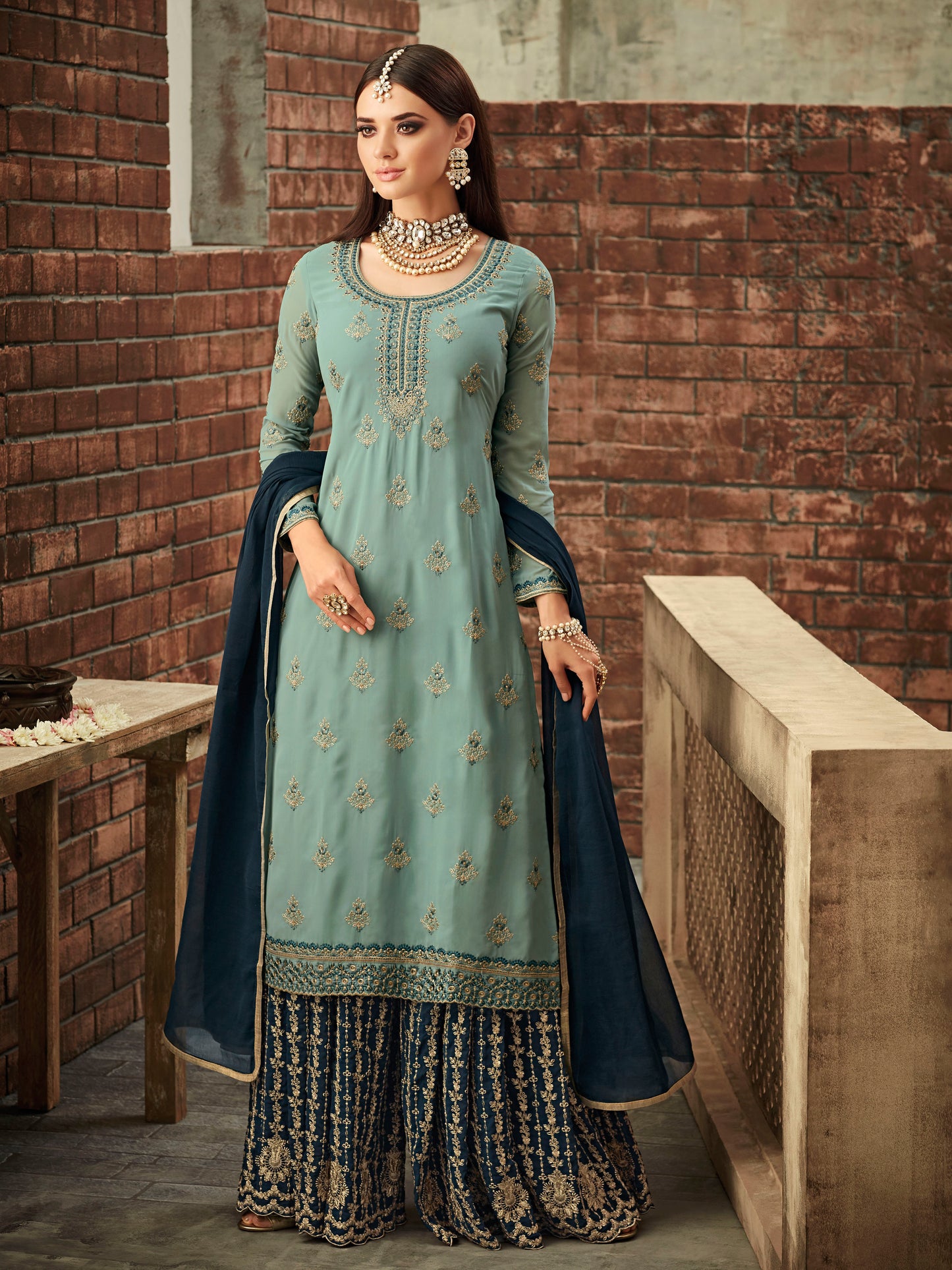 Exquisite Blue Embroidered Stone Work Peplum Sharara Suit | Luxury Festive Wear | Kavlee
