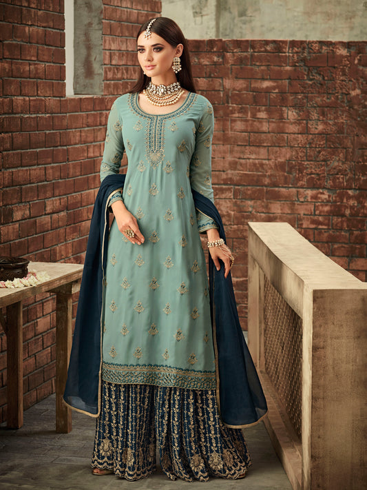 Exquisite Blue Embroidered Stone Work Peplum Sharara Suit | Luxury Festive Wear | Kavlee