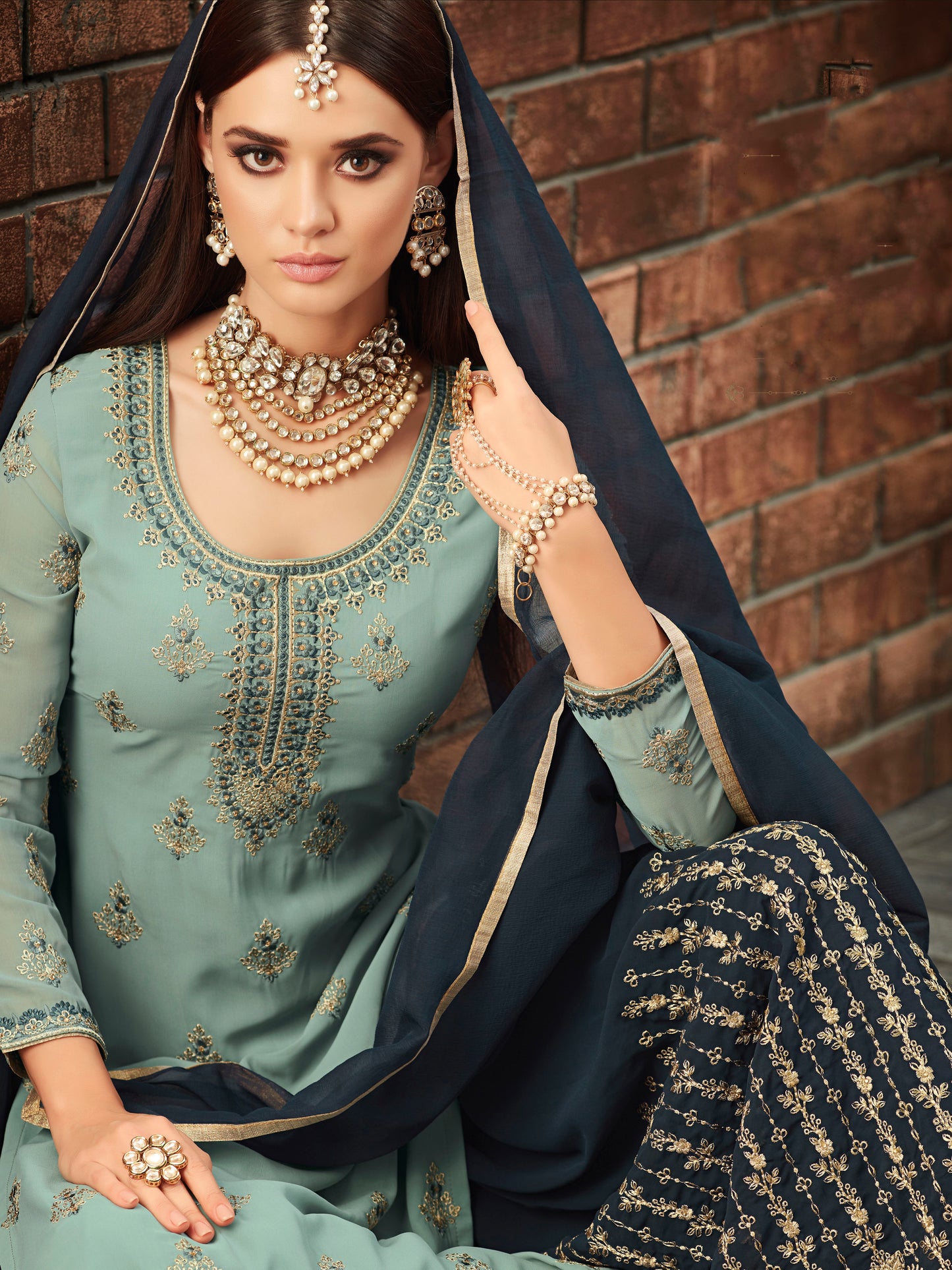Exquisite Blue Embroidered Stone Work Peplum Sharara Suit | Luxury Festive Wear | Kavlee