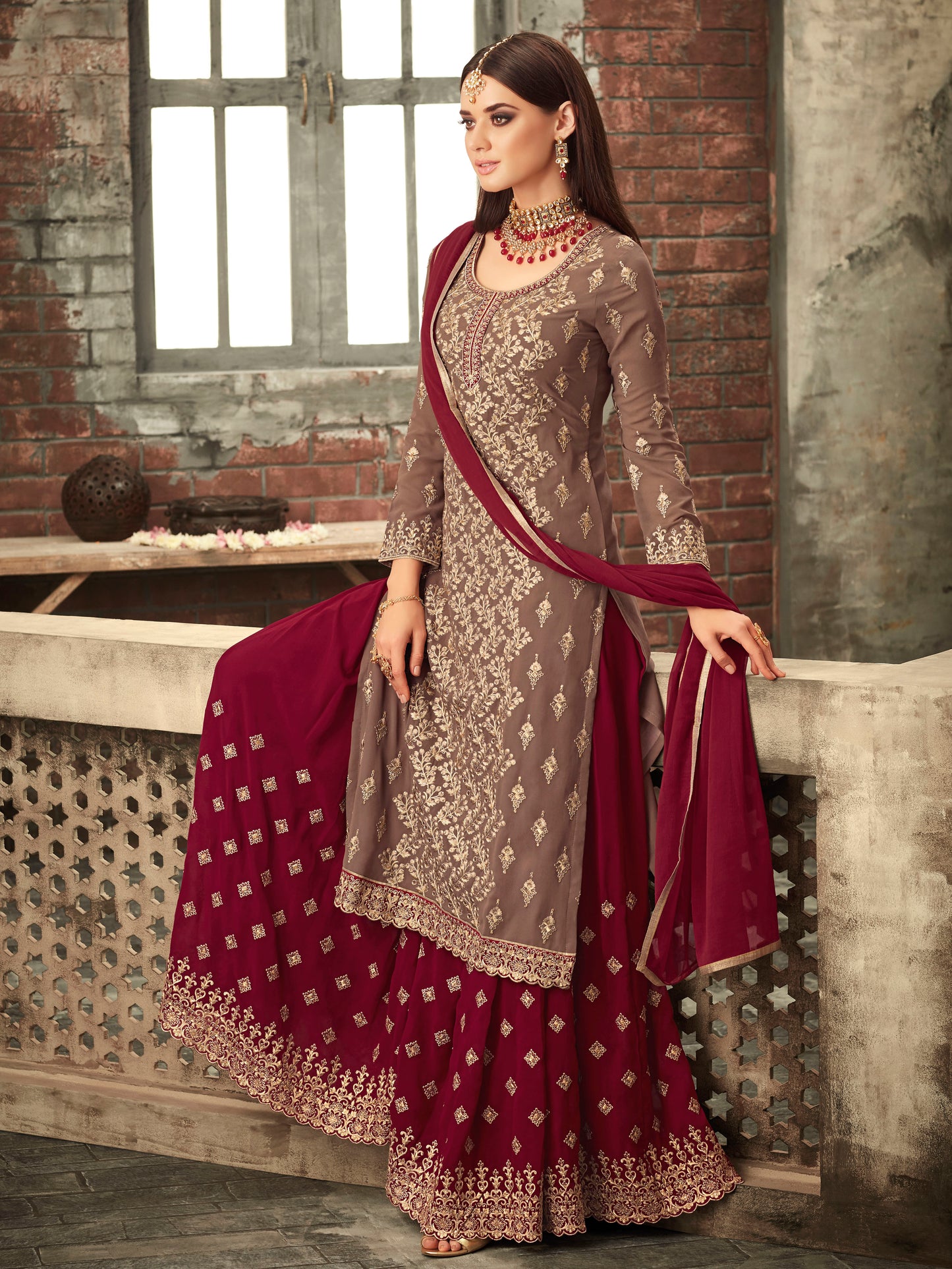 Premium Dusty Pink Embroidered Sharara Suit Set | Luxury Party Wear by Kavlee