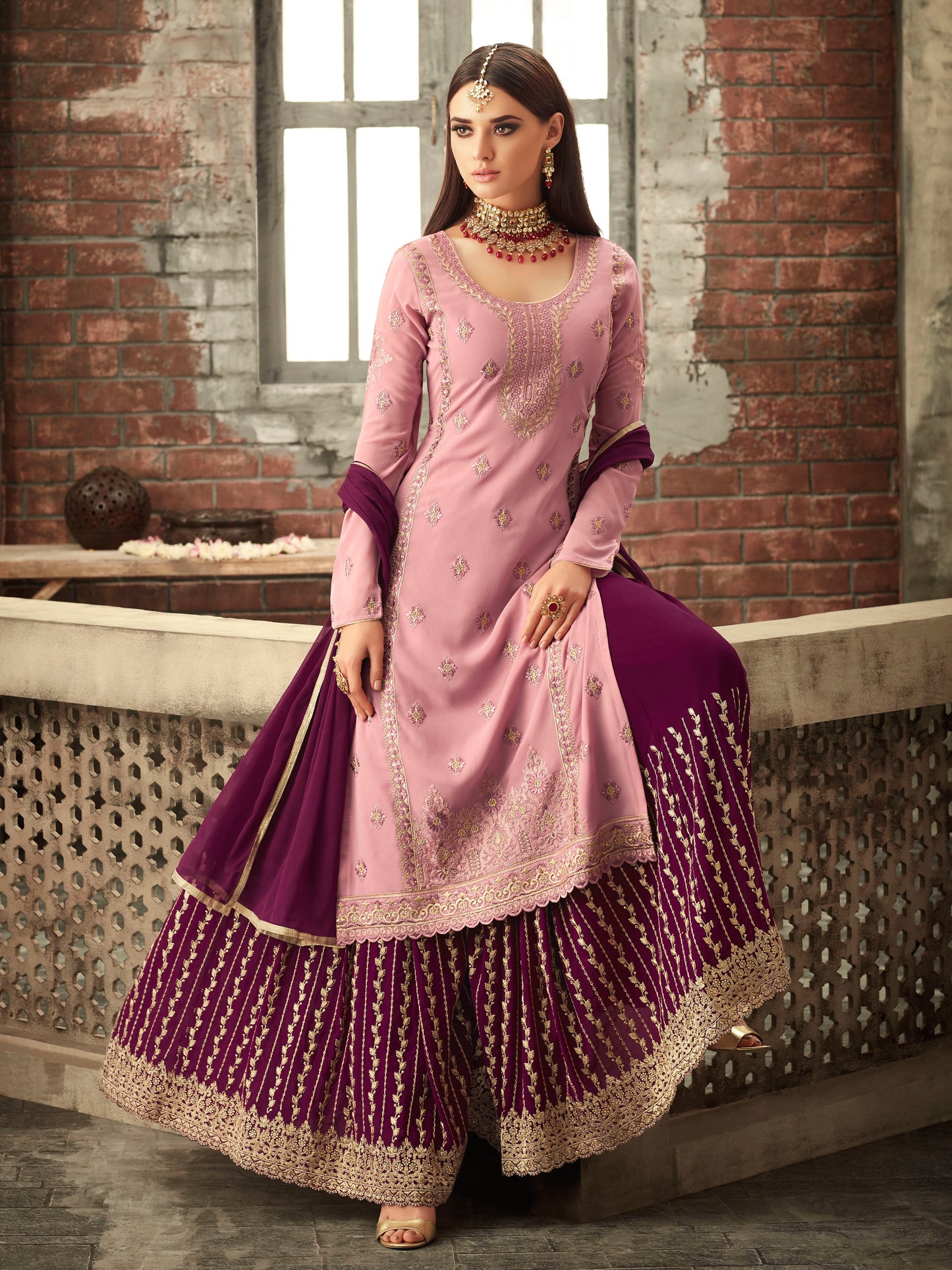 remium Pink Embroidered Sharara Suit Set | Luxury Party Wear by Kavlee