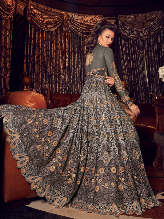 Charcoal Grey Heavy Embroidered Front-Slit Indo-Western Gown - 10531 A