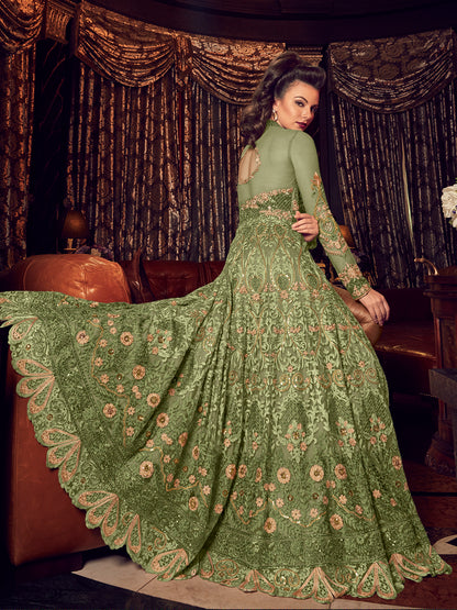 Premium Green Soft Net Embellished Unstitched Gown - 10531 B