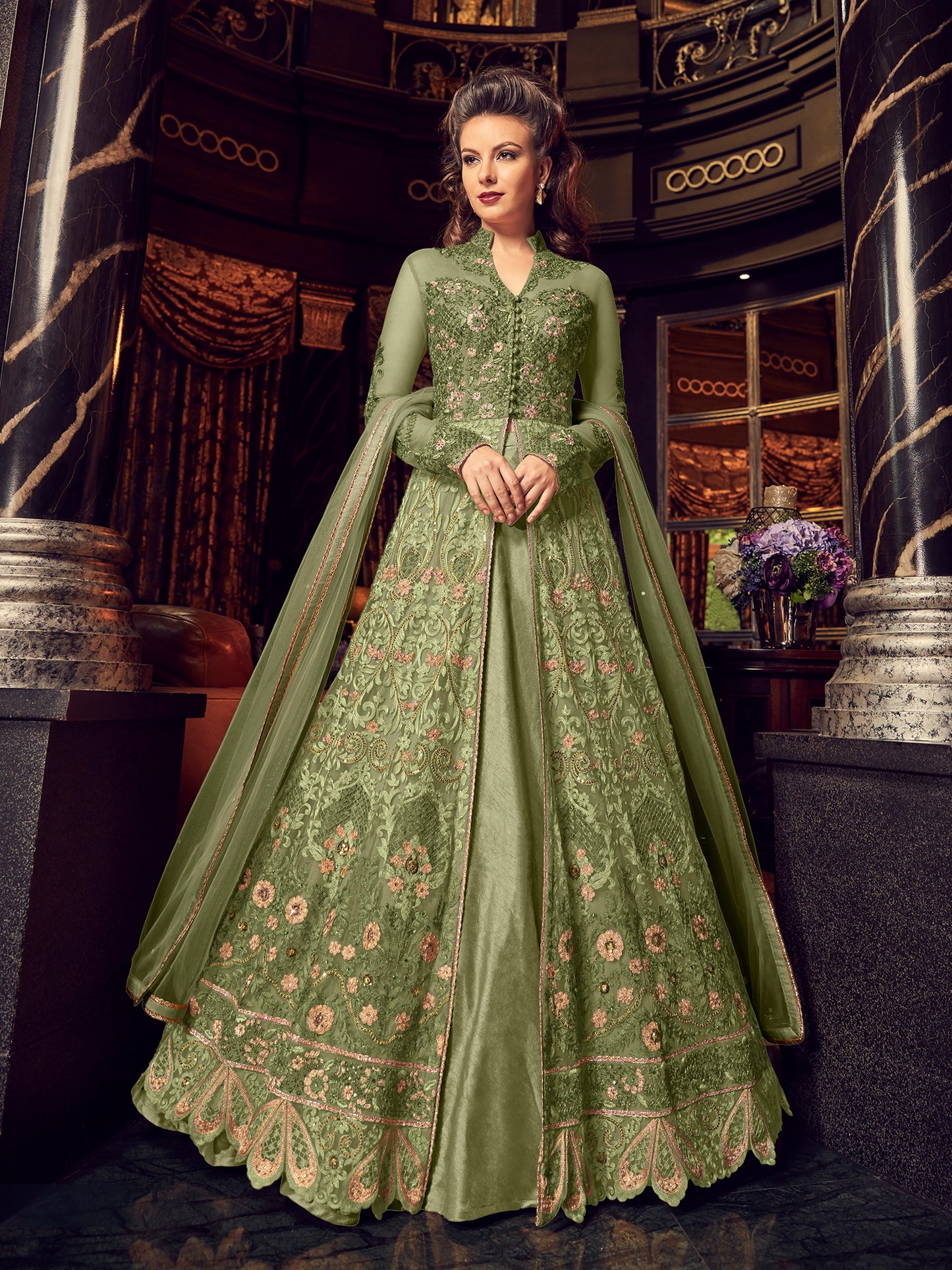 Premium Green Soft Net Embellished Unstitched Gown - 10531 B