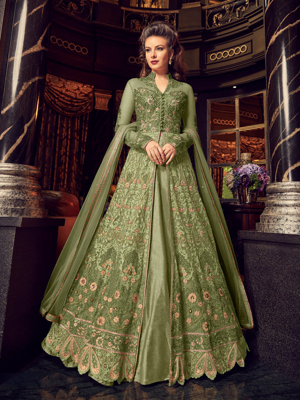 Premium Green Soft Net Embellished Unstitched Gown - 10531 B