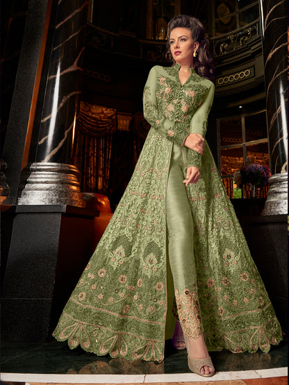 Premium Green Soft Net Embellished Unstitched Gown - 10531 B