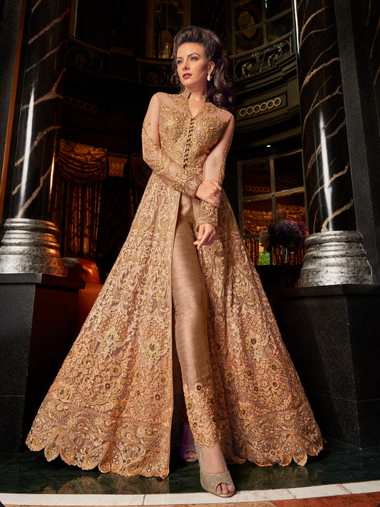 Metallic Gold Front-Slit Indo-Western Suit - 10531