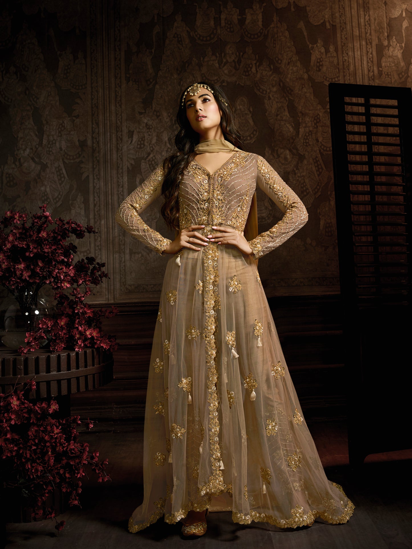 Golden Beige Heavy Embroidered Front-Slit Indo-Western Gown - 10561