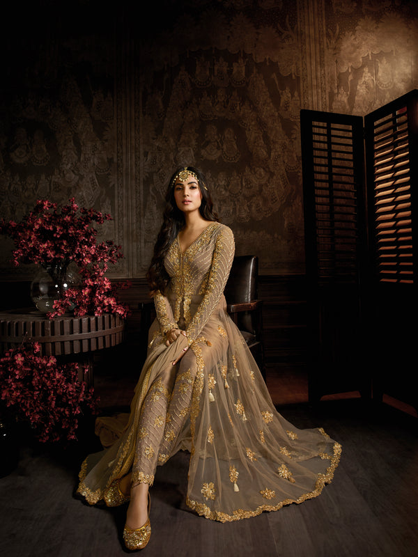 Golden Beige Heavy Embroidered Front-Slit Indo-Western Gown - 10561