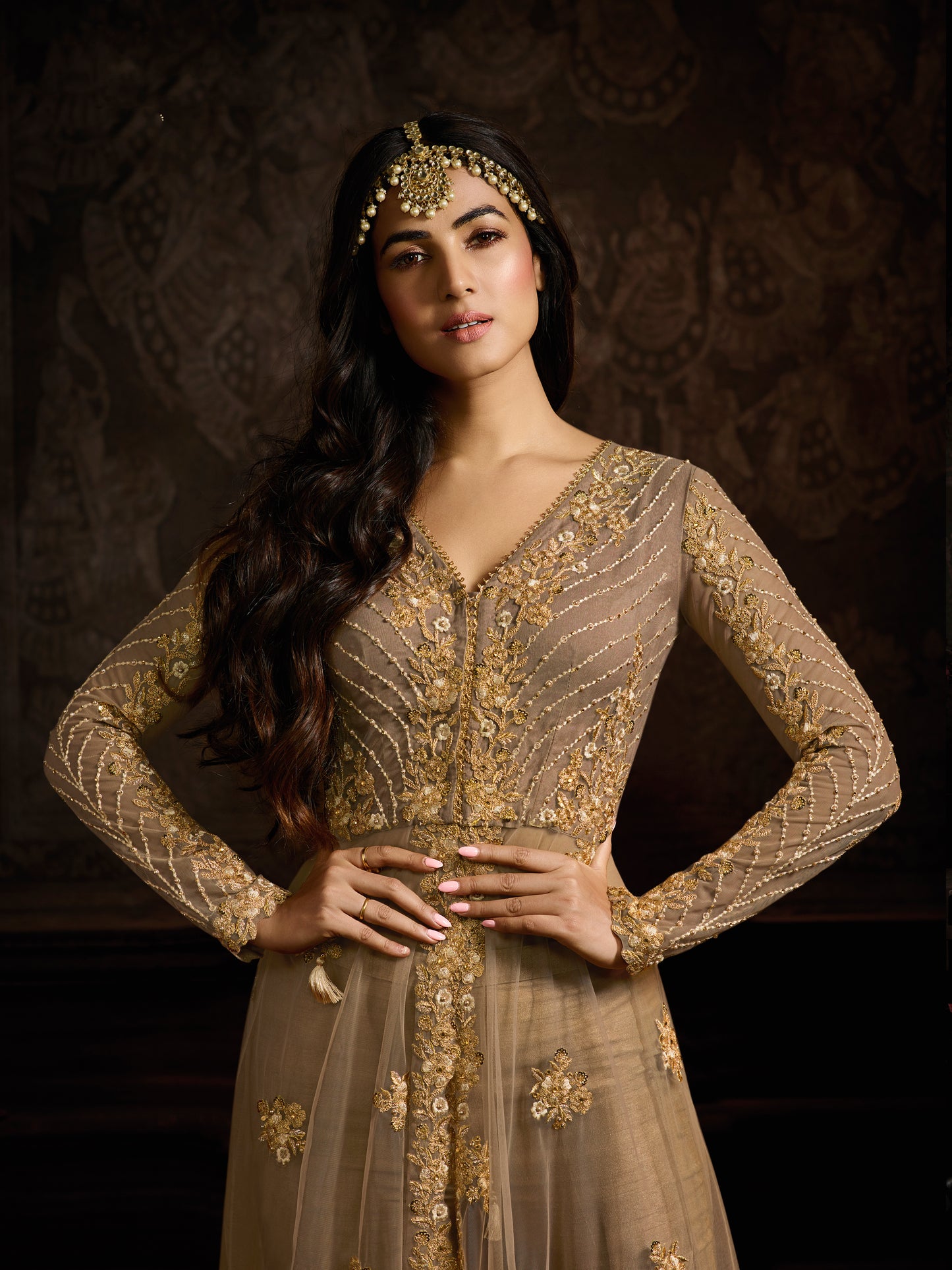 Golden Beige Heavy Embroidered Front-Slit Indo-Western Gown - 10561