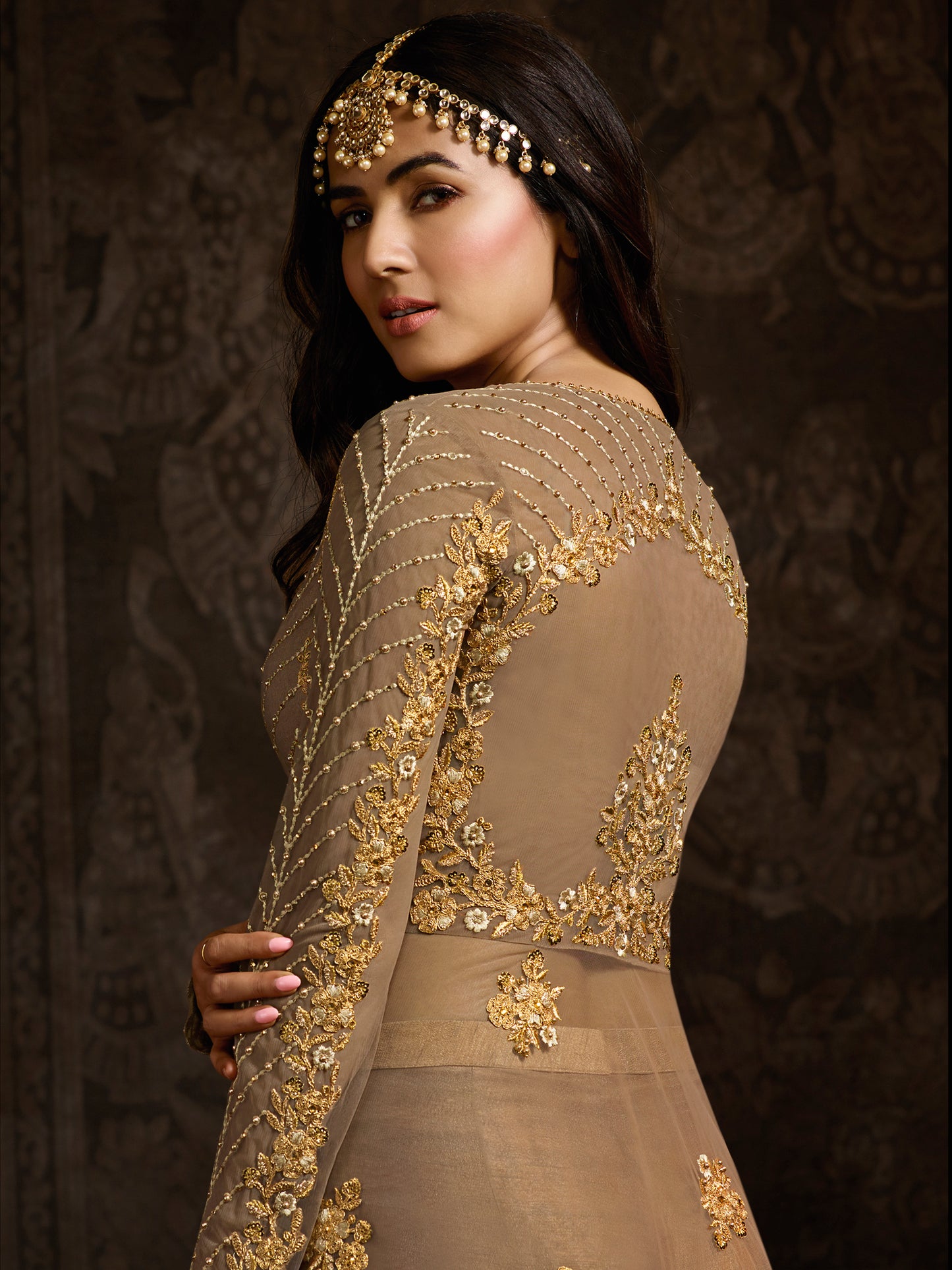 Golden Beige Heavy Embroidered Front-Slit Indo-Western Gown - 10561