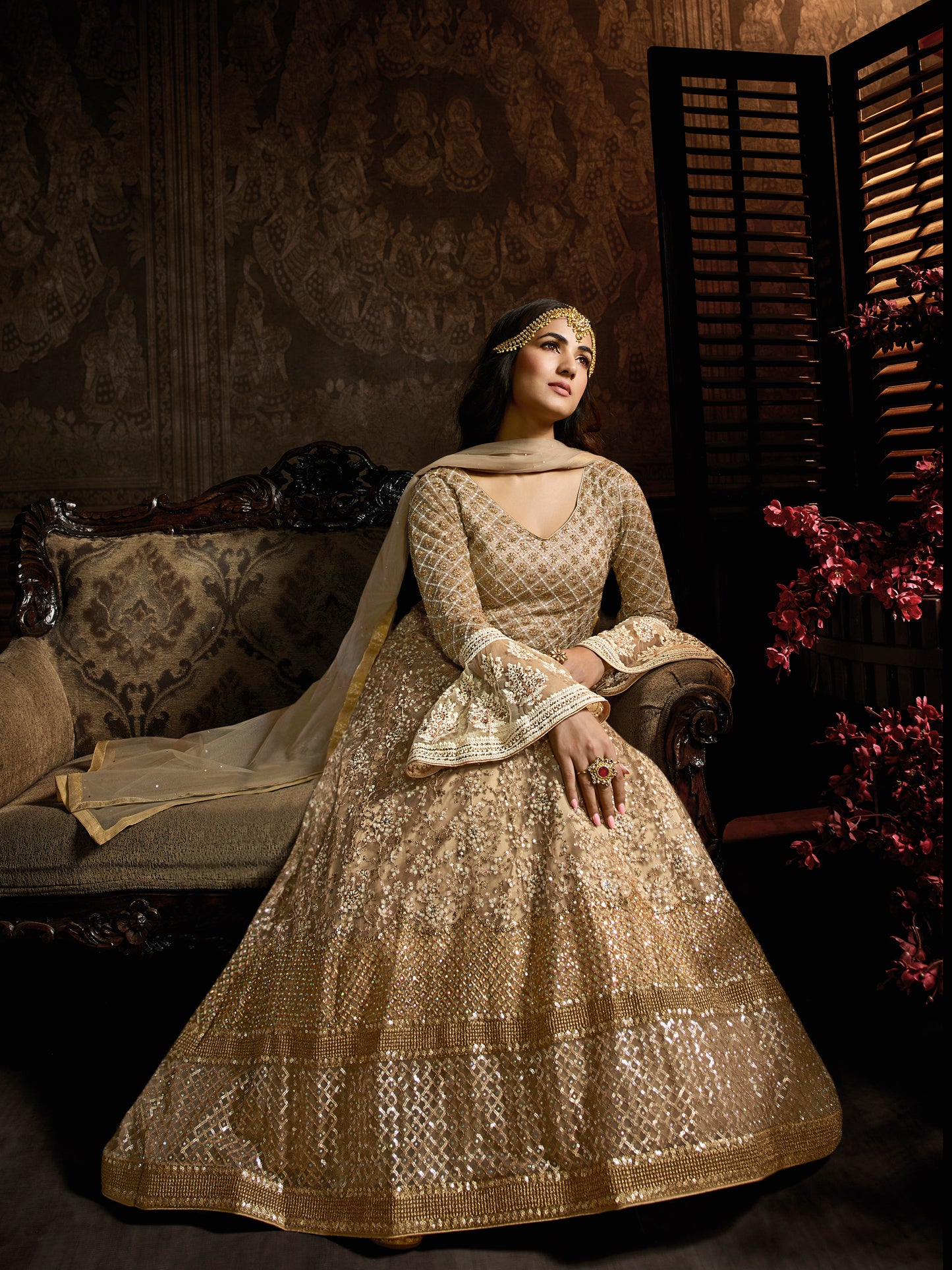 Shimmering Champagne Gold Sequin Gown with Bell Sleeves - 10573