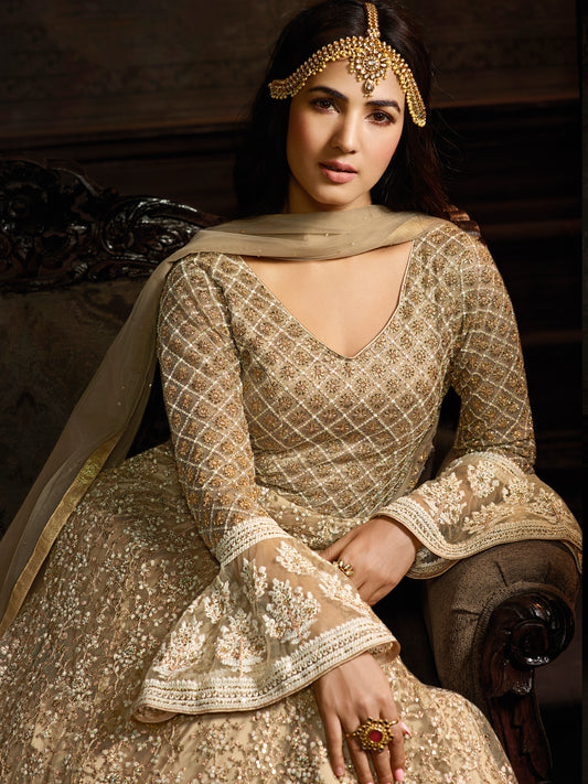 Shimmering Champagne Gold Sequin Gown with Bell Sleeves - 10573
