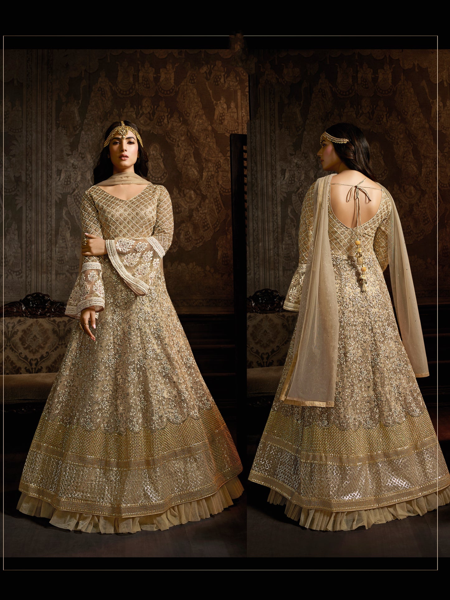 Shimmering Champagne Gold Sequin Gown with Bell Sleeves - 10573