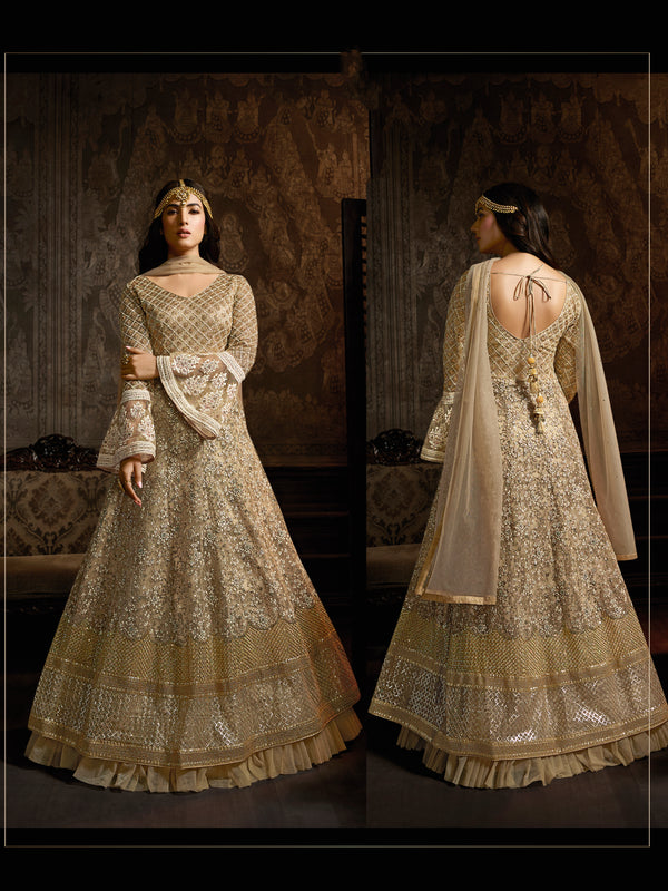 Shimmering Champagne Gold Sequin Gown with Bell Sleeves - 10573