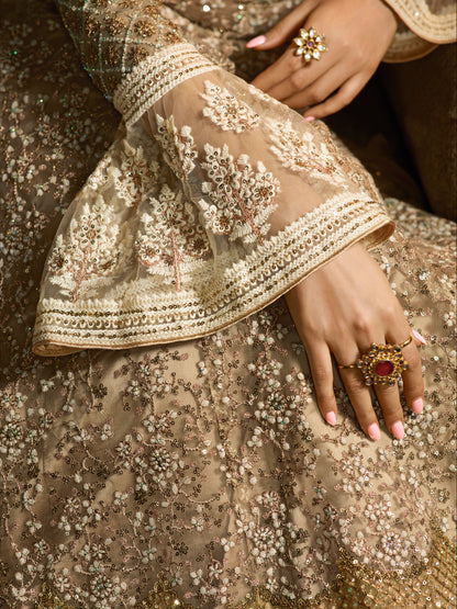 Shimmering Champagne Gold Sequin Gown with Bell Sleeves - 10573