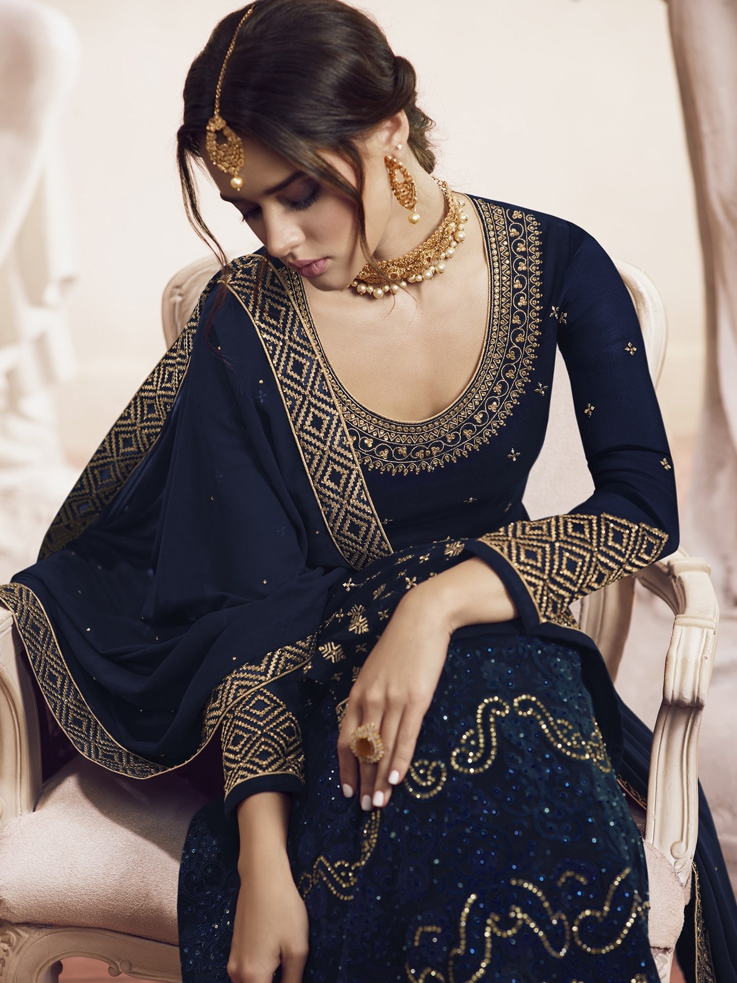 Navy Blue Pure Georgette Sharara Suit with Zari & Stone Embroidery | Kavlee