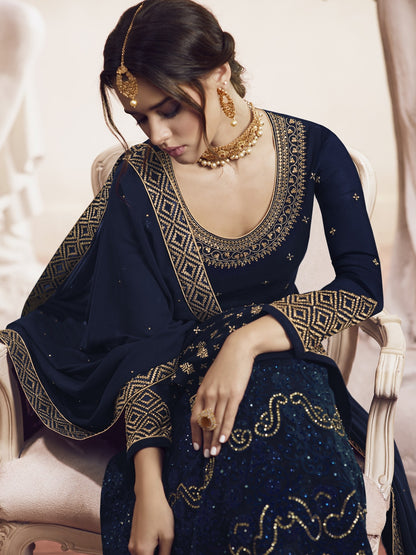 Navy Blue Pure Georgette Sharara Suit with Zari & Stone Embroidery | Kavlee