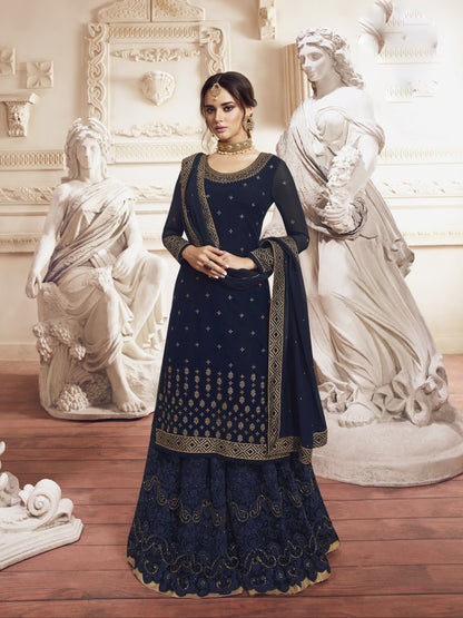 Navy Blue Pure Georgette Sharara Suit with Zari & Stone Embroidery | Kavlee