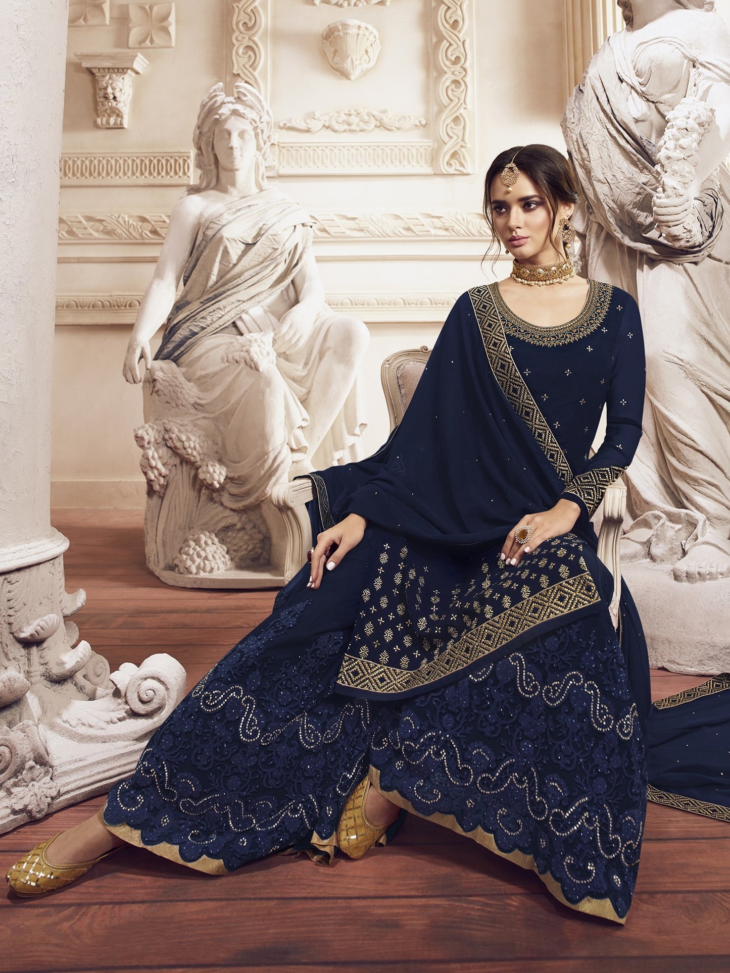 Navy Blue Pure Georgette Sharara Suit with Zari & Stone Embroidery | Kavlee