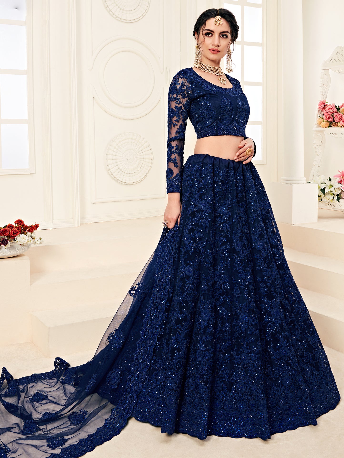 Regal Dark Blue Soft Net Party Wear Lehenga with Heavy Stone & Coding Work