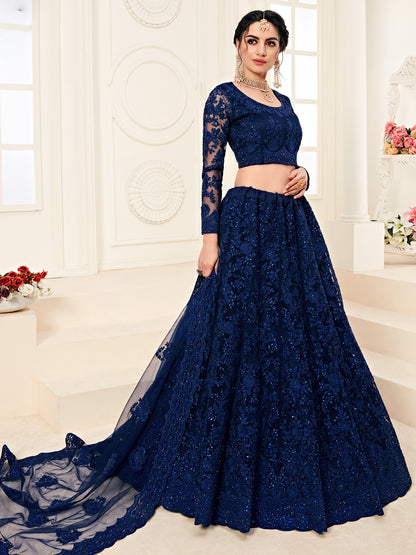 Regal Dark Blue Soft Net Party Wear Lehenga with Heavy Stone & Coding Work