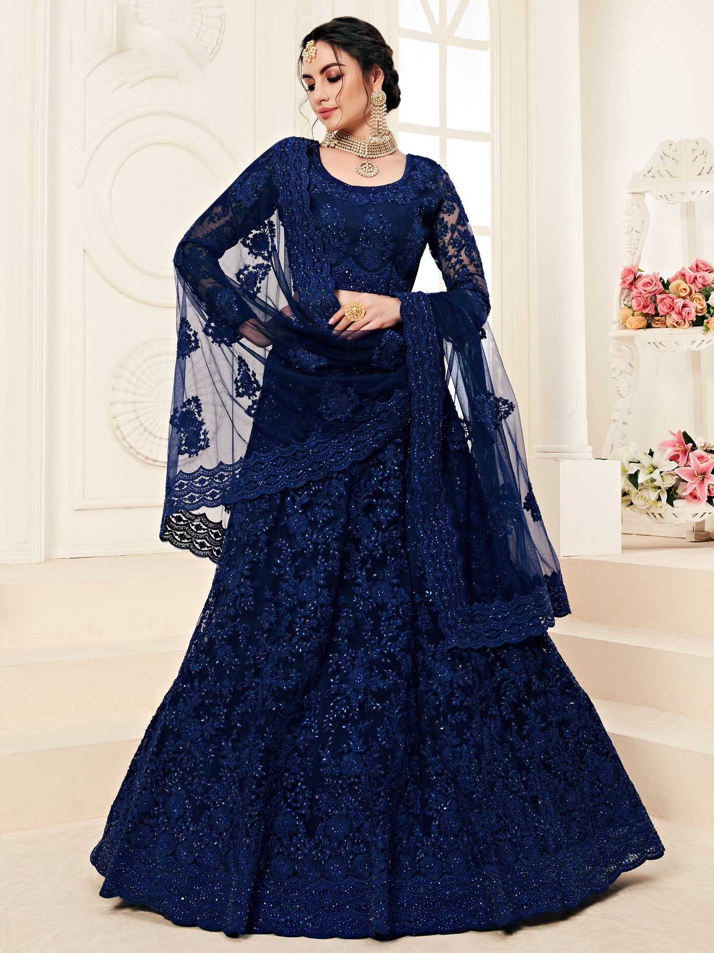 Regal Dark Blue Soft Net Party Wear Lehenga with Heavy Stone & Coding Work