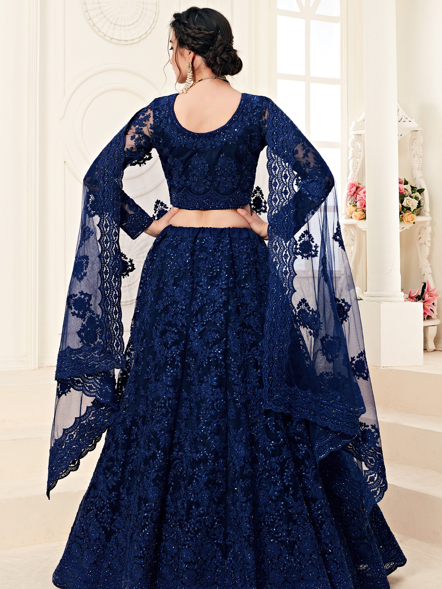 Regal Dark Blue Soft Net Party Wear Lehenga with Heavy Stone & Coding Work