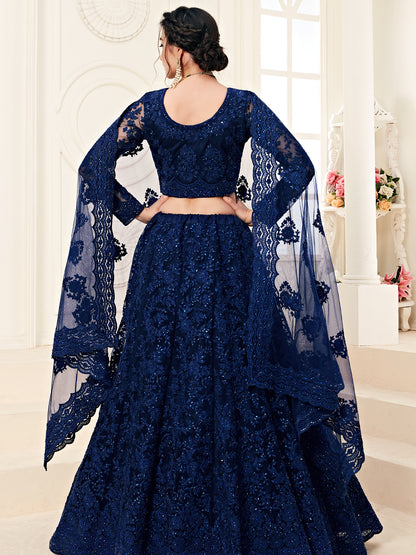 Regal Dark Blue Soft Net Party Wear Lehenga with Heavy Stone & Coding Work