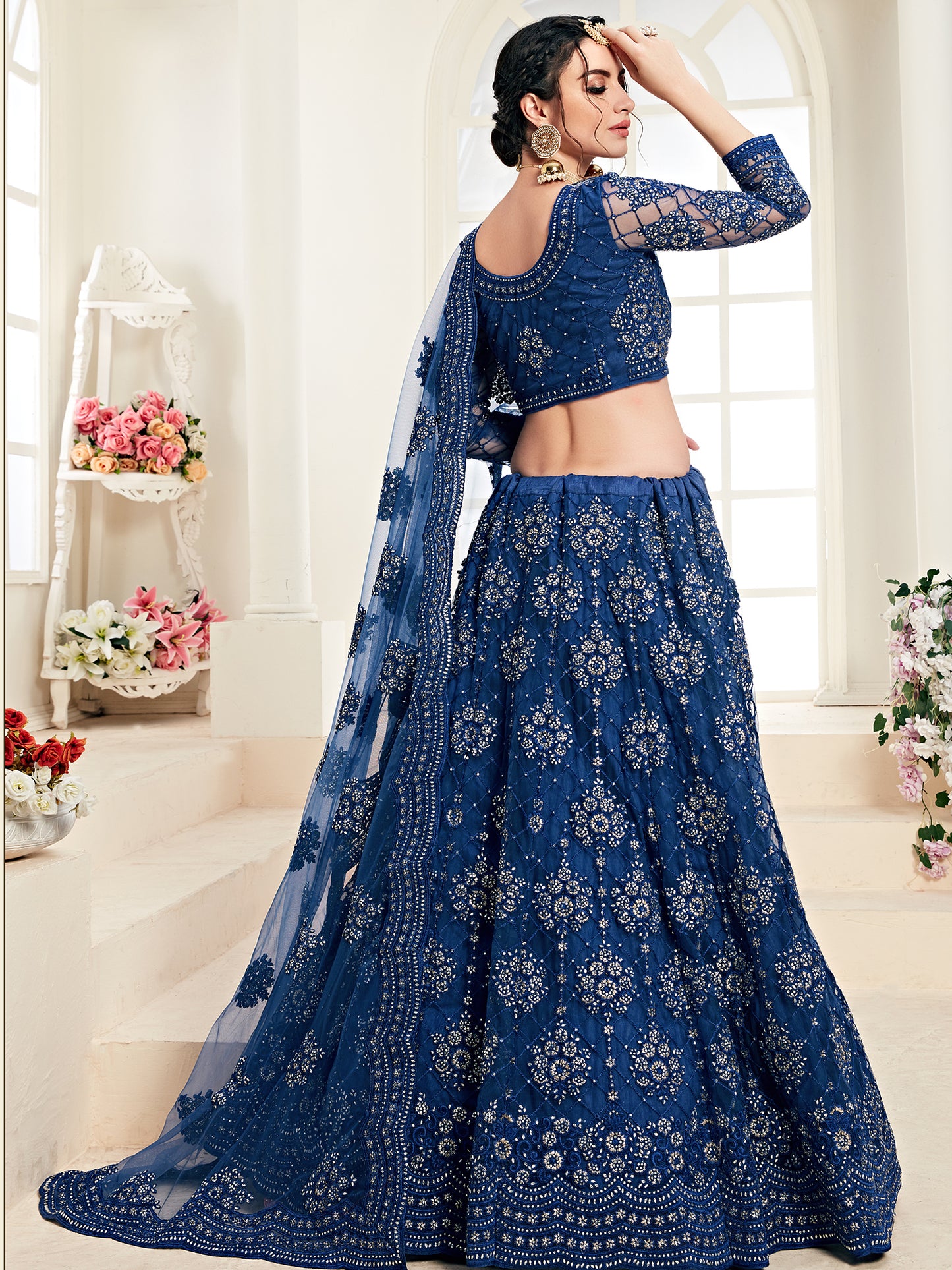 Kavlee Royal Teal Blue Velvet Lehenga with Heavy Gold Borders