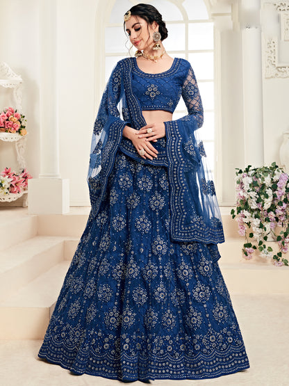 Kavlee Royal Teal Blue Velvet Lehenga with Heavy Gold Borders