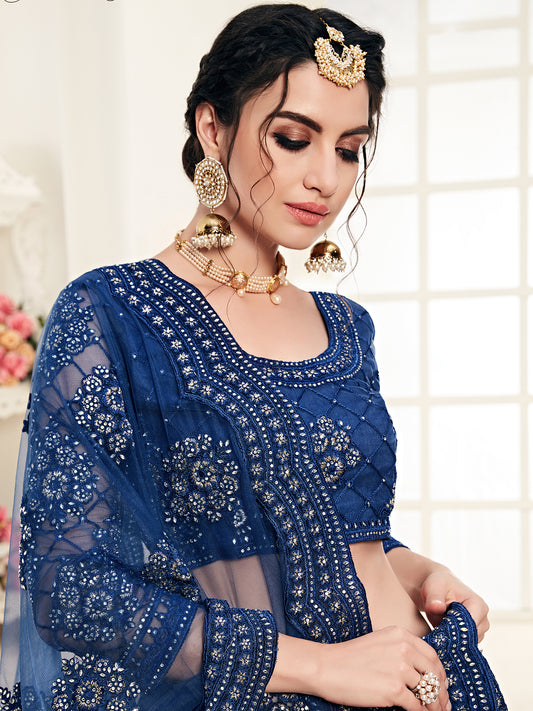 Kavlee Royal Teal Blue Velvet Lehenga with Heavy Gold Borders