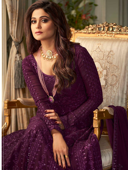 Deep Wine Purple Heavy Embroidered Evening Gown - 10610