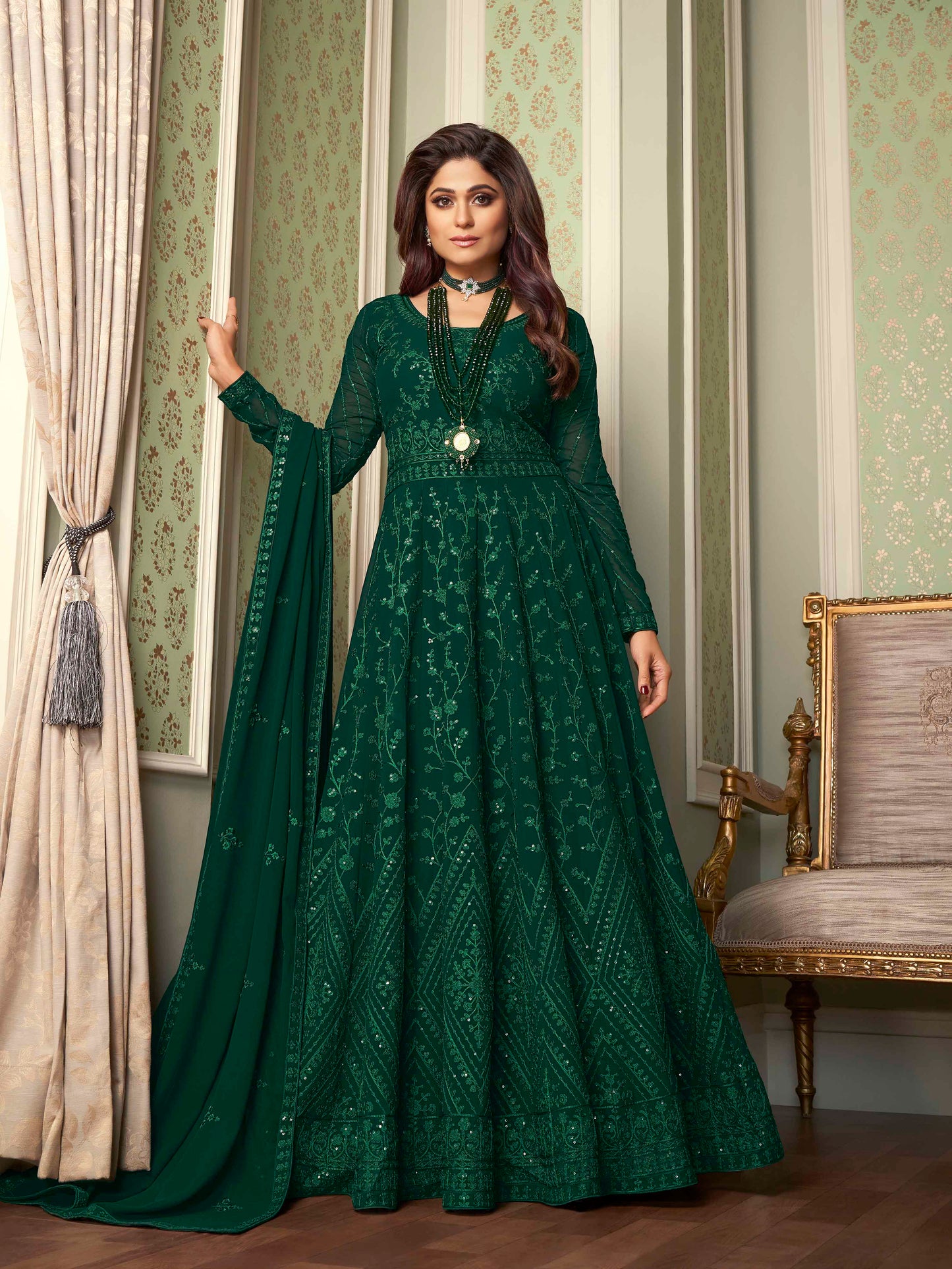 Mehndi Green Heavy Embroidered Evening Gown - 10610 A