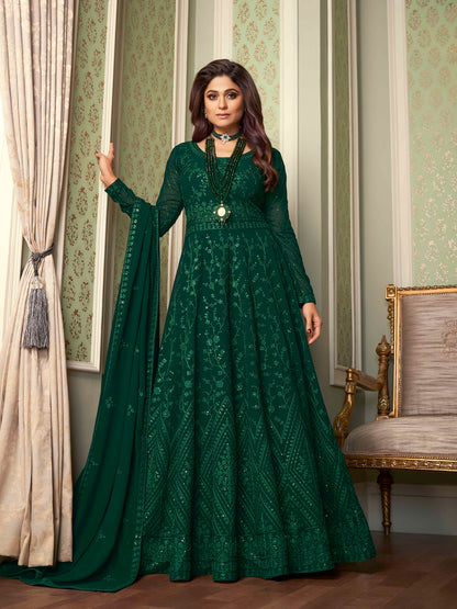 Mehndi Green Heavy Embroidered Evening Gown - 10610 A