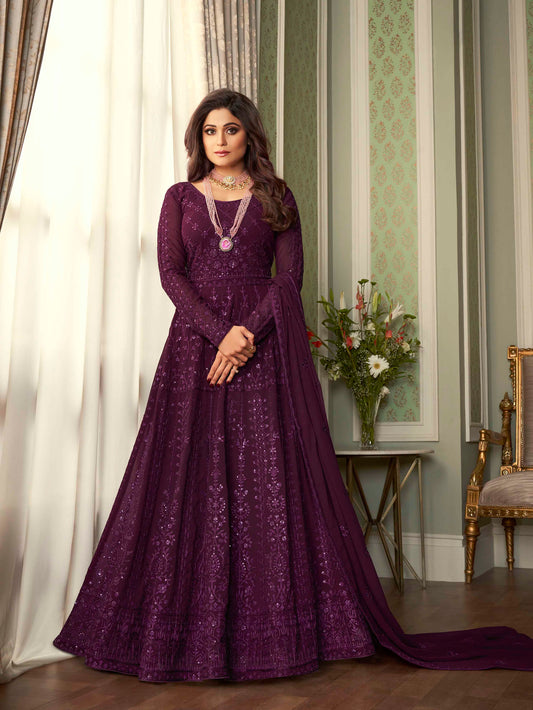Deep Wine Purple Heavy Embroidered Evening Gown - 10610
