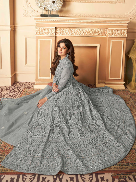 Silver Grey Heavy Embroidered Front-Slit Indo-Western Gown - 10611 B