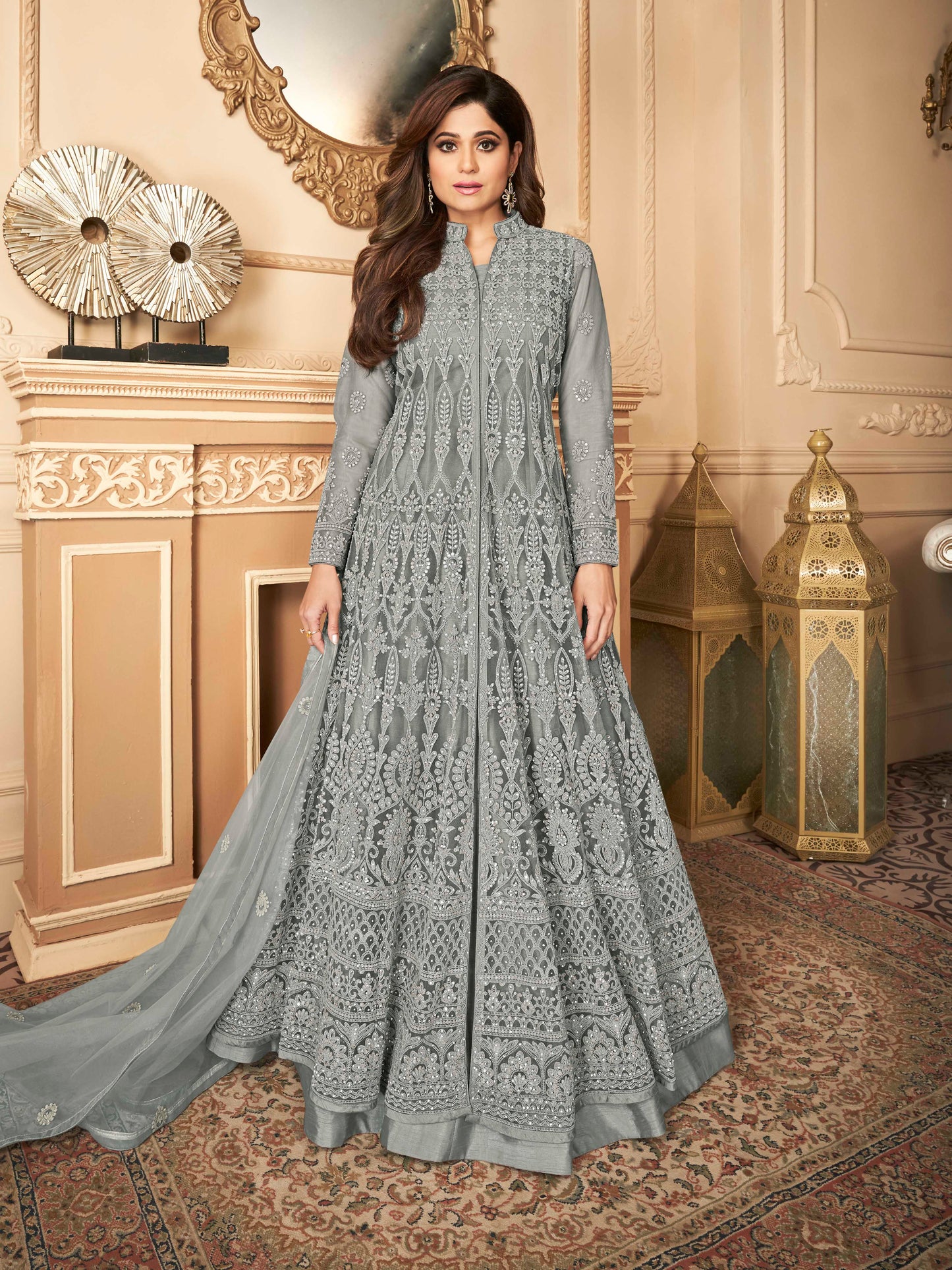 Silver Grey Heavy Embroidered Front-Slit Indo-Western Gown - 10611 B