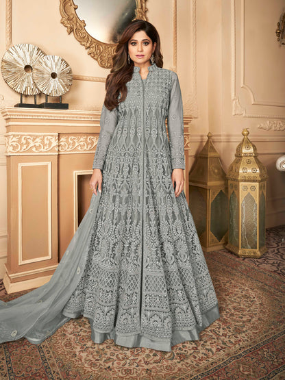 Silver Grey Heavy Embroidered Front-Slit Indo-Western Gown - 10611 B
