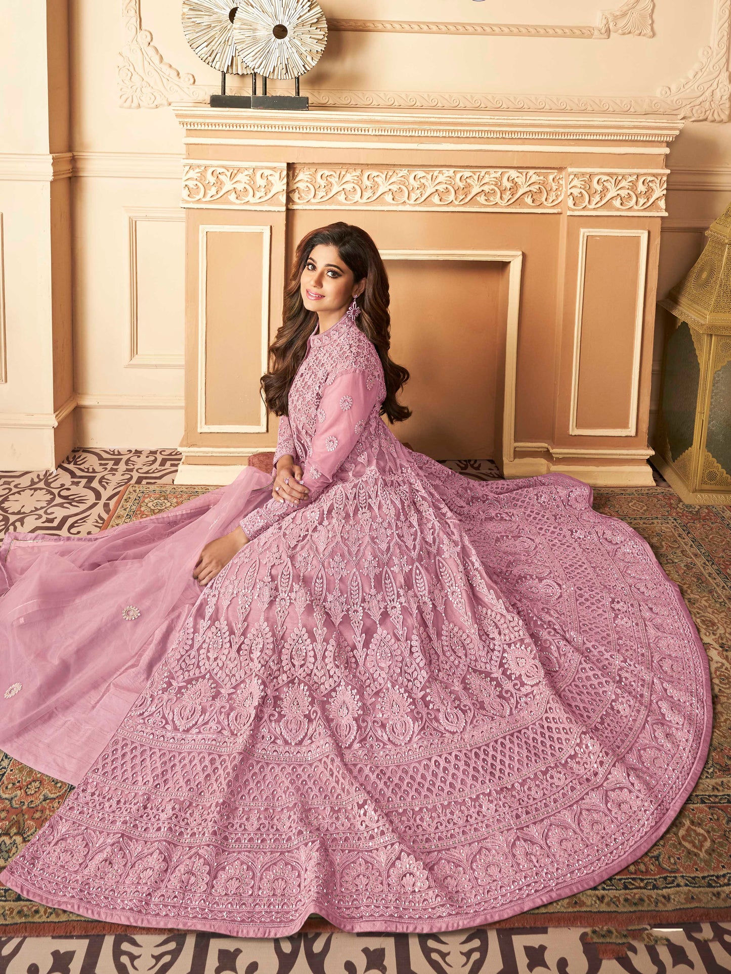 Dusty Peach Heavy Embroidered Front-Slit Indo-Western Gown - 10611 C