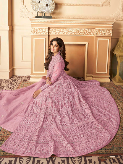 Dusty Peach Heavy Embroidered Front-Slit Indo-Western Gown - 10611 C