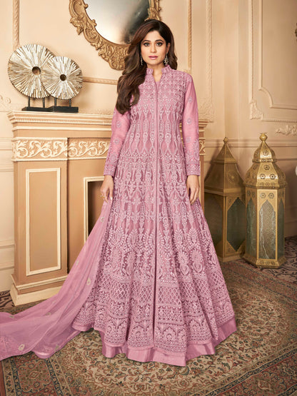 Dusty Peach Heavy Embroidered Front-Slit Indo-Western Gown - 10611 C